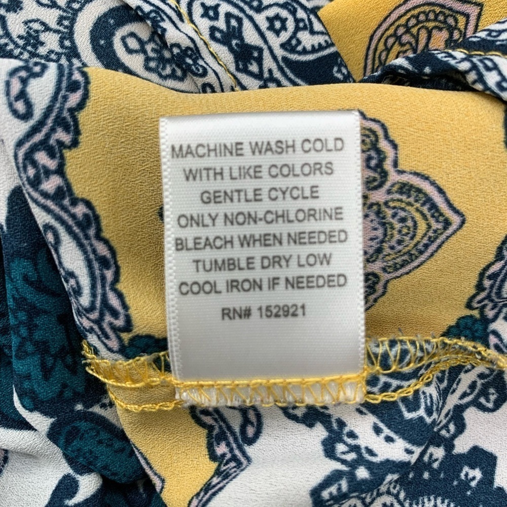 Charmed by Eve Blouse‎ Smocked High Neck Flutter Sleeve Blue Yellow Print Size M - Picture 9 of 10